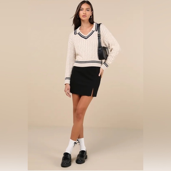Lulus Sweaters - Lulus Posh Expert Beige Cable‎ Knit Pullover Varsity Sweater, Size S